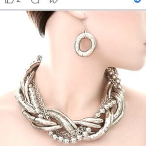 Chunky Silvertone Braided Multi-Strand Necklace Set w/Hoop Earrings and Bangle